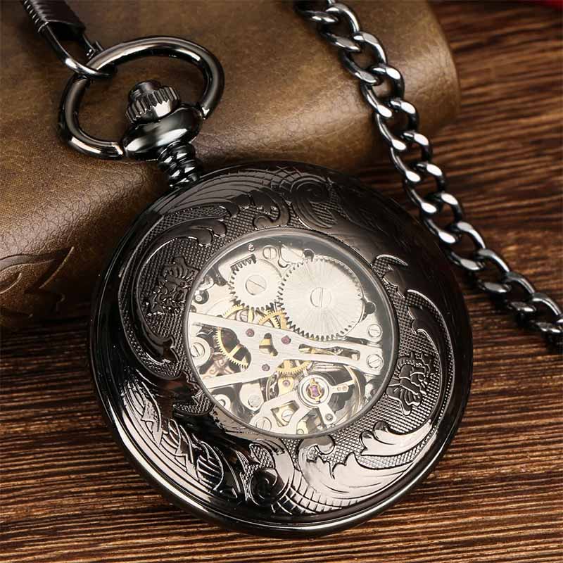 Black skeleton pocket watch back