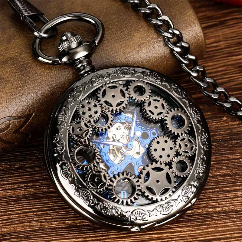 Black skeleton pocket watch front