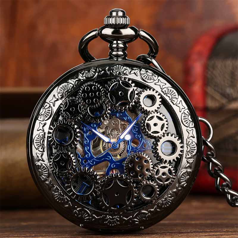 Black skeleton pocket watch stainless steel