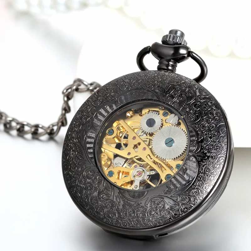 Black steampunk pocket watch back