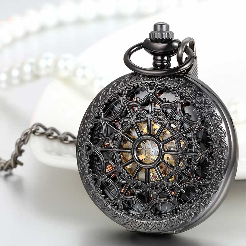 Black steampunk pocket watch stainless steel