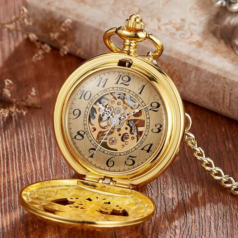 Gold skeleton pocket watch mechanical