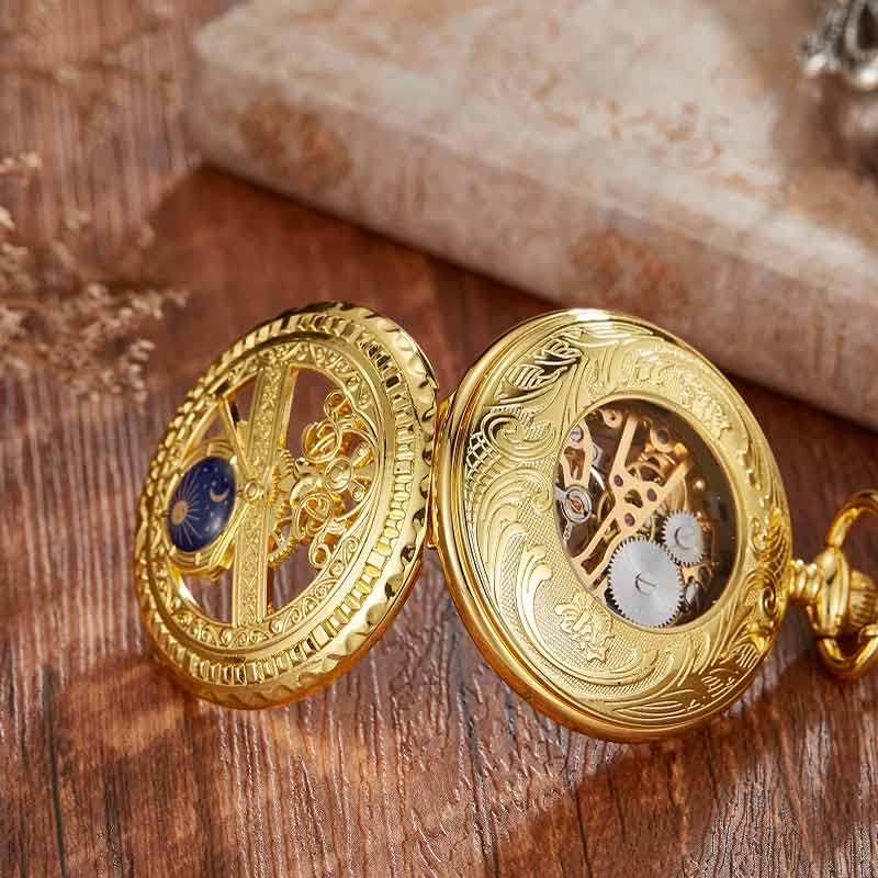 Gold skeleton pocket watch moon sun star