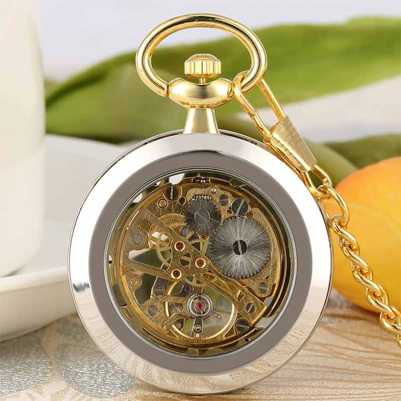 Silver and gold pocket watch skeleton back