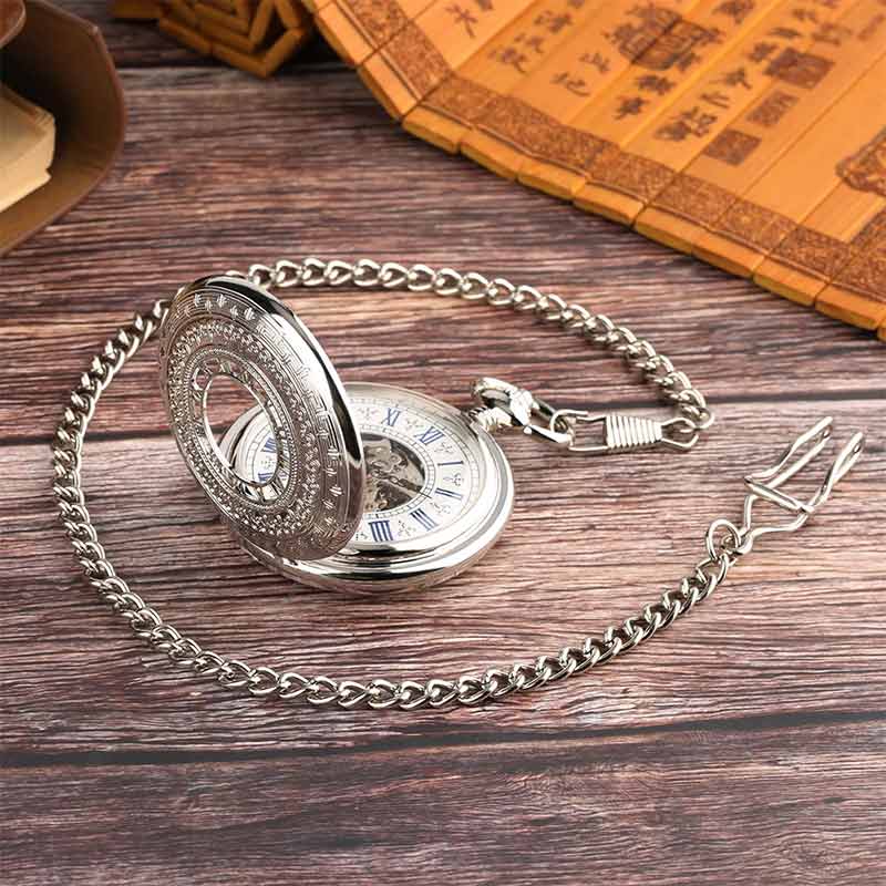 Silver mechanical pocket watch and chain