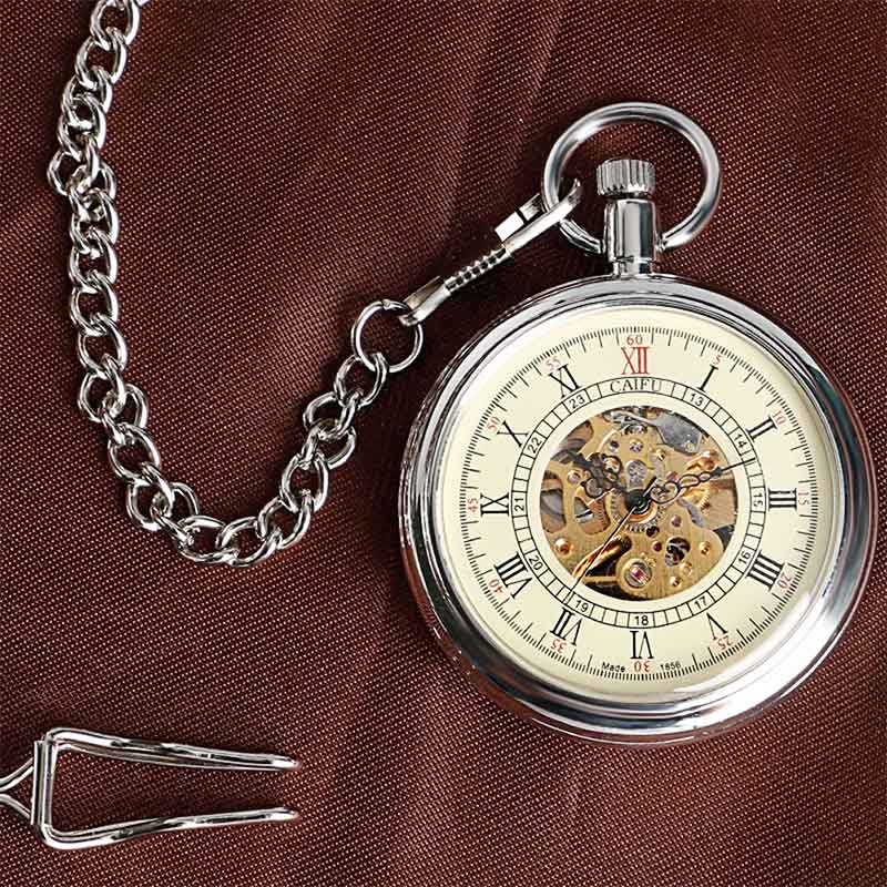 Silver open face pocket watch with chain