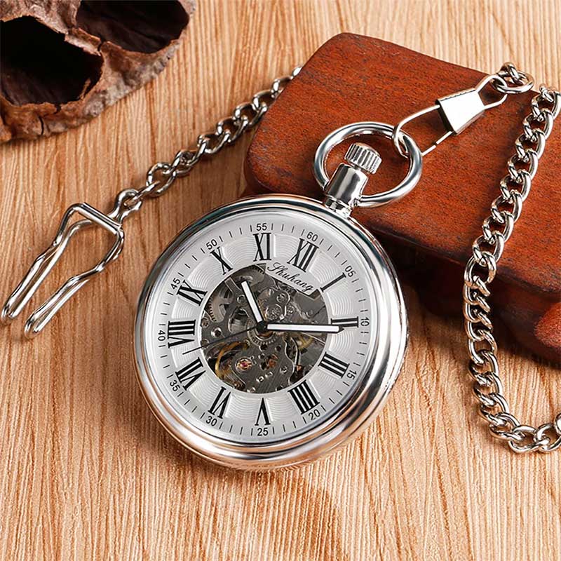 Silver pocket watch with chain stainless steel