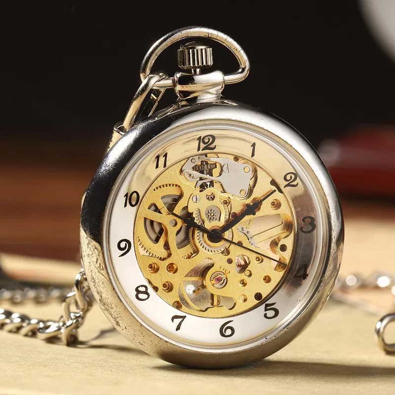 Silver skeleton pocket watch front