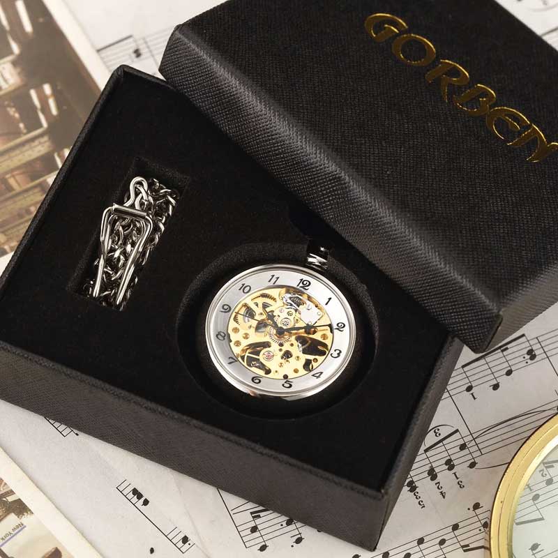 Silver skeleton pocket watch with box