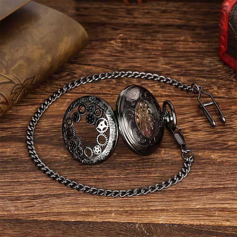 Stainless steel Black skeleton pocket watch