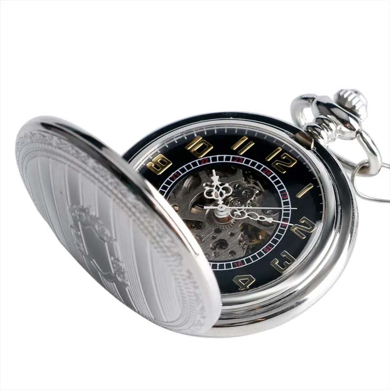 Stainless steel Mens skeleton pocket watch