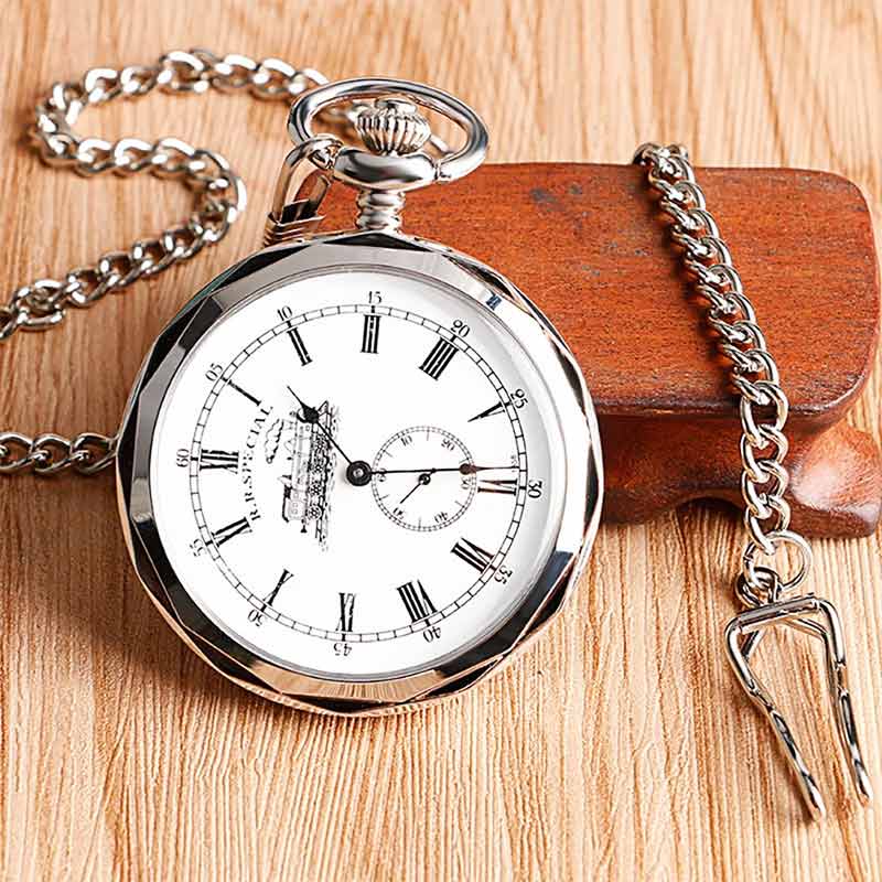 Vintage silver open face pocket watch with chain